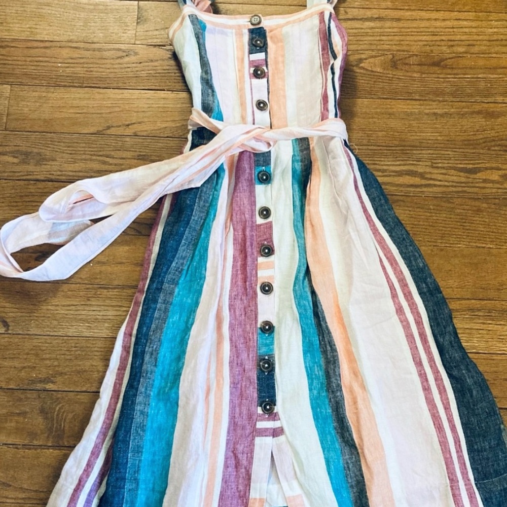 J. Crew Button Front Midi Dress Mixed Multicolor Stripe Linen AK255 NWT 00 - Picture 2 of 8